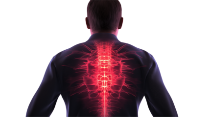 Glowing Spine Anatomy Medical Illustration Back Pain on white and transparent Background	