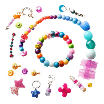 Vibrant, colorful bead collection: necklace, bracelet, earrings, keychains. Arts, crafts, and jewelry making supplies on black. isolated on transparent background