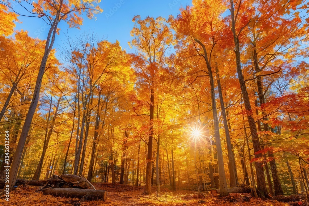 Poster vibrant autumn forest with colorful leaves and golden sunlight filtering through tall trees