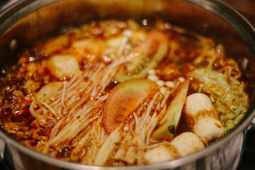 close up tasty home made spicy soup or Tom Yum Kung. Thai spicy food, Asian food
