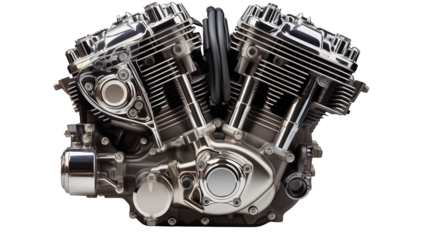 Powerful Chrome Motorcycle Engine Close up Shot on white and transparent Background	