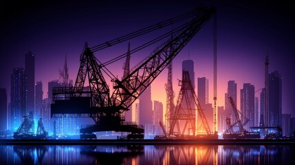 Obraz premium Silhouetted Cranes at Sunset over Cityscape Urban Construction Industrial Skyline