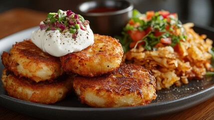 Golden potato latkes, crispy edges and fluffy interiors, nestled beside a dollop of tangy sour cream, and alongside fluffy hash browns, a symphony of textures and flavors.