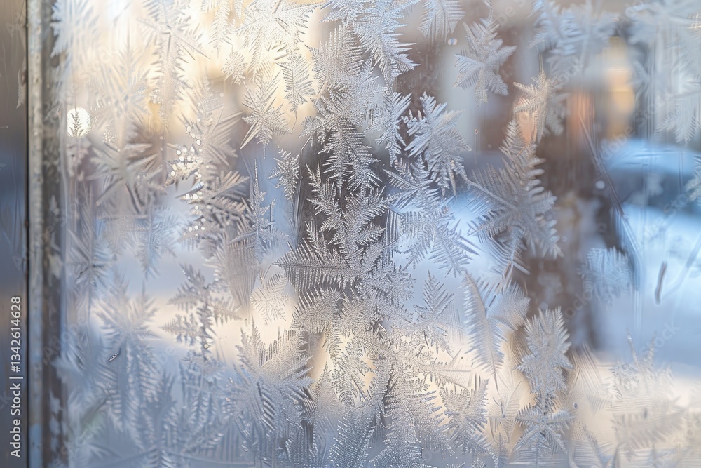 Poster frosty window with intricate snowflake patterns reflecting the warm glow of a sunset in a chilly win
