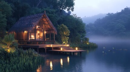 Obraz premium Tranquil lake cabin nestled in a lush forest at dusk