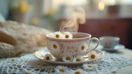 A steaming chamomile tea cup, its porcelain body adorned with delicate chamomile blossoms, sat on a lace doily, ready to be enjoyed in a tranquil afternoon moment.