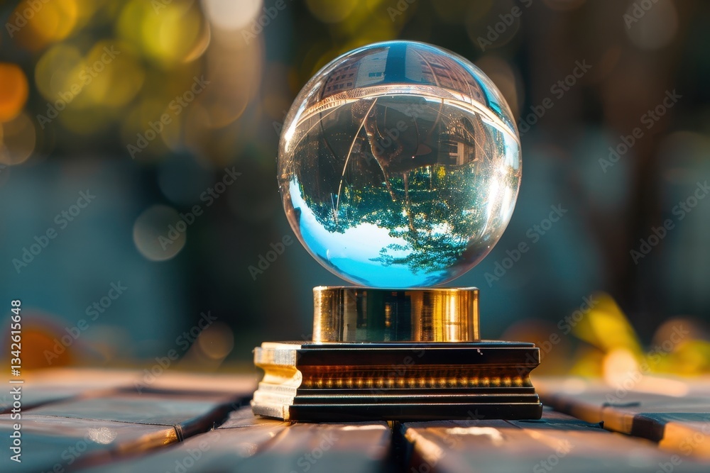 Poster beautiful crystal globe resting on a polished marble base illuminated by soft light against a misty 