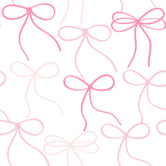 Coquette pink bows doodle rawing seamless pattern. Vector design for fabric, wallpaper or wrapping paper.
