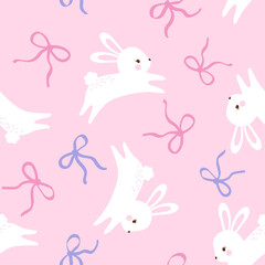 Coquette bunny seamless pattern with bows and ribbons. Easter vector design for fabric, wallpaper or wrapping paper.
