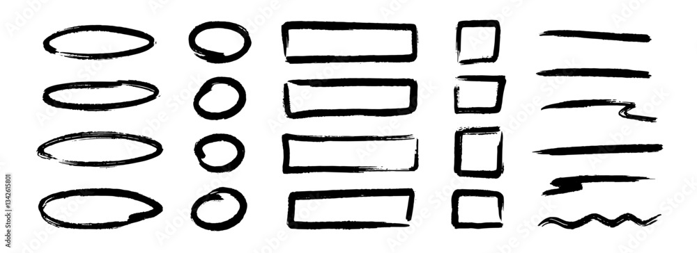 Poster Black charcoal hand drawn shape and frame set. Square and round paintbrush element set. Rough sketch stripes and forms for diagram, highlight, underline, emphasis. Vector scribbled crayon frames