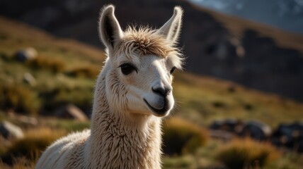 Obraz premium Fluffy, white alpaca in mountainous terrain
