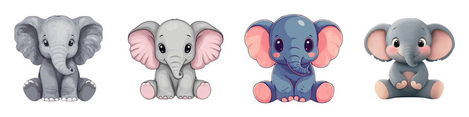Fototapeta premium A collection of cute cuddly baby elephant plush toys in a variety of whimsical sitting poses with friendly endearing expressions