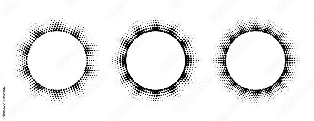 Poster black halftone circle frame set. dotted round gradient border collection. pop art comic dot picture 