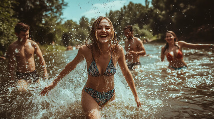 Obraz premium A group of people are splashing in the water, with one woman wearing a bikini