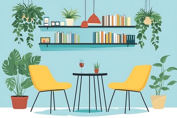 A flat illustration of an office lounge with two chairs, bookshelves, and plants on the wall, a table in front of them