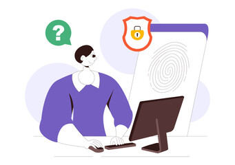 Forensics Technology Vector Illustration Featuring Biometric Access Control and Server Data Recovery with Fingerprint Screening Security System