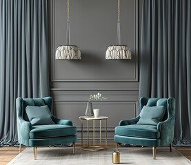 Modern interior design with two comfortable armchairs and curtains 