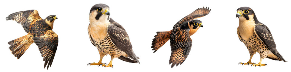 Obraz premium This image depicts several species of falcons including the peregrine falcon in various poses and settings The birds are shown in mid flight perched