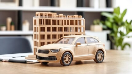 Miniature car and building model on desk in office setting