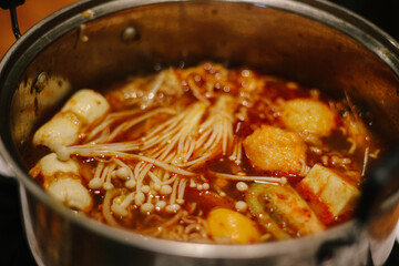 close up tasty home made spicy soup or Tom Yum Kung. Thai spicy food, Asian food
