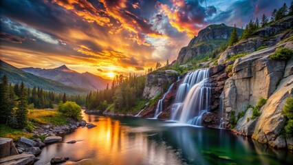 Mountain Waterfall at Sunset