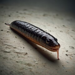 Close-up of a slender, dark-colored reptile, likely a snake or similar scaled creature, on a light-beige surface.  Its body is segmented and displays a glossy texture
