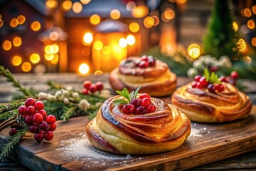 Cranberry Swirl Buns on Rustic Wooden Board