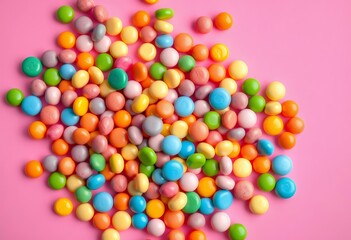 Obraz premium A vibrant mix of colorful candies scattered on a pink background, viewed from above, yummy, fun