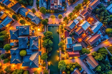Obraz premium Aerial View of Traditional Village at Night