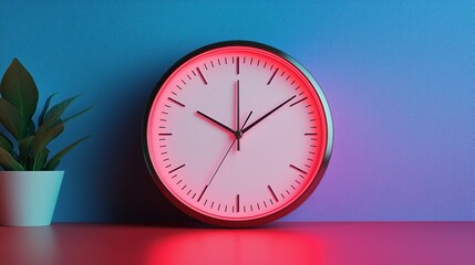 Aging Research Disease Prevention Concepts. Modern clock with red lighting and a plant on a table.