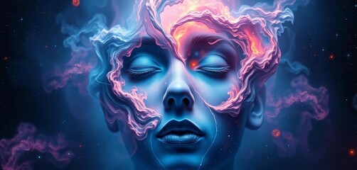 Cosmic face, nebulae swirling within, ethereal and dreamlike, beauty, religion