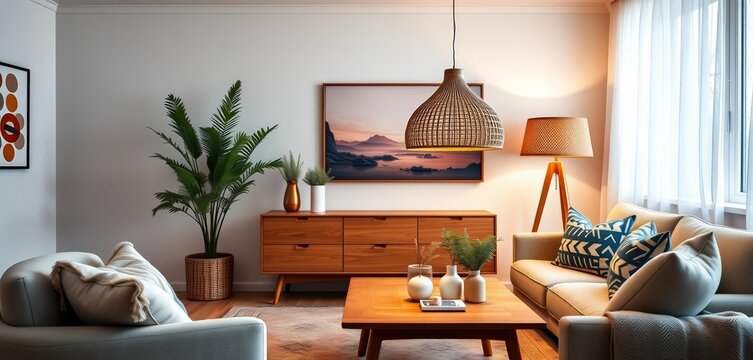 Cozy Scandinavian living room mockup Rottan lamp, wooden table, elegant accessories Ready for use, lighting, Nordic