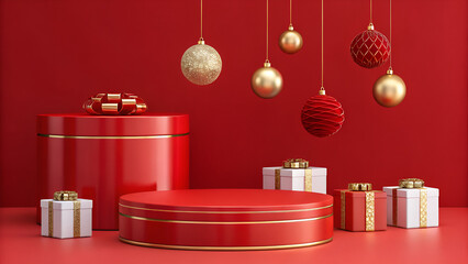 Festive christmas display with red and gold ornaments and gift boxes on a red background