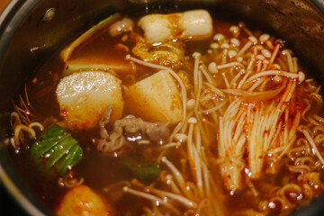 close up tasty home made spicy soup or Tom Yum Kung. Thai spicy food, Asian food
