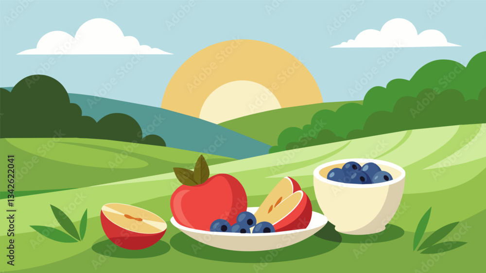 Poster a sunlit meadow of fresh berries and sliced apples with a yogurt dip for dipping.. vector illustrati