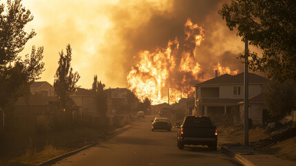 The forest fires are raging and spreading into the city, with smoke billowing into the sky.
