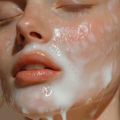 Close-up portrait of a woman with milky cleanser on her face showing skincare