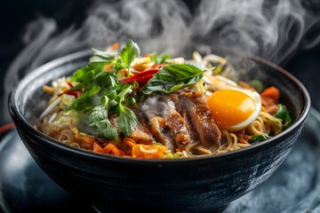 Aromatic Asian noodle soup with tender meat and a soft boiled egg