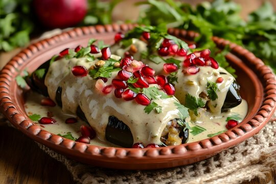 Authentic Mexican chiles en nogada with stuffed peppers and walnut sauce