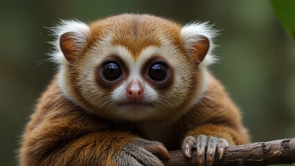 Obraz premium Close-up of a small, fluffy primate. A young, adorable lemur-like creature with large eyes and soft fur, perched on a branch in its natural habitat