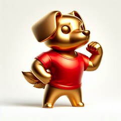 3d metallic gold Brave and strong cute dog with a red t-shirt Illustration on a white background