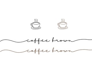 Coffee drink beverage brown shade color monoline text. Hand written one line continuous lettering word coffee brown color banner. Line art Coffee brown short phrases typography calligraphy.