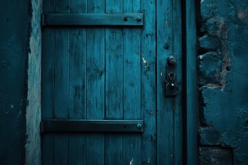 A weathered teal wooden door, showing age and texture, set within a decaying brick wall.