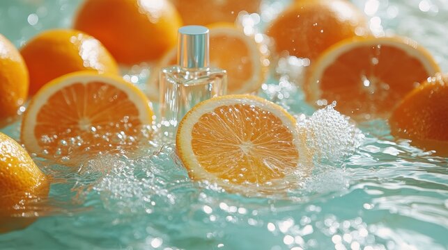 In a crystal-clear pool, nestled amidst vibrant orange citrus fruits, a range of cosmetic products gleamed, promising a revitalizing and rejuvenating experience.