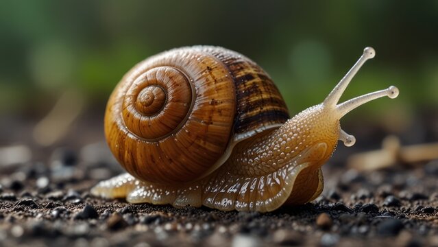 Close-up of a snail crawling on the ground.  A small, shelled mollusk, slow-moving, with spiral shell.  Natural outdoor setting - Powered by Adobe