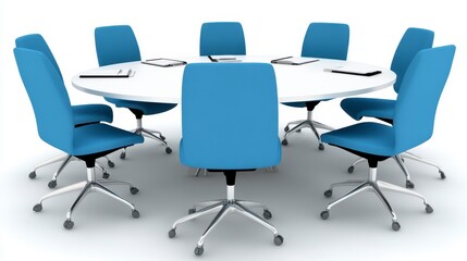 Modern Round Conference Table with Blue Chairs in Office Setting