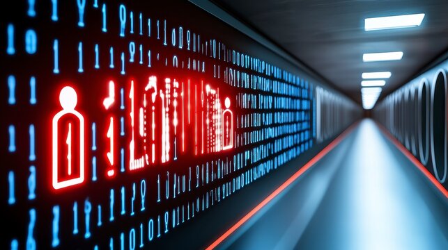 Digital Corridor with Binary Code and Red Human Icons Glowing