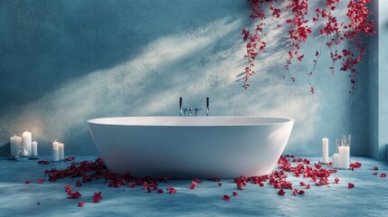 Relaxing, romantic bathtub scene.  Soft lighting bathes a modern, minimalist bathtub, surrounded by rose petals and candles.  Vines add a touch of nature