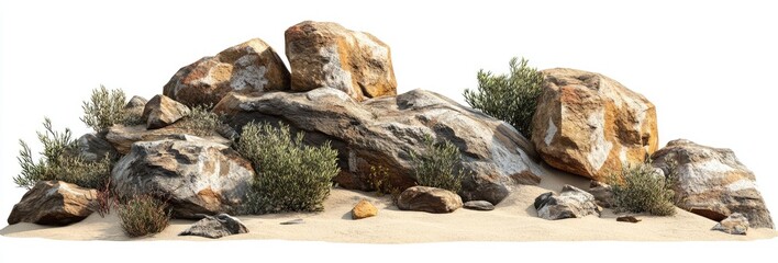 Fototapeta premium Rock formation with desert plants on sand.