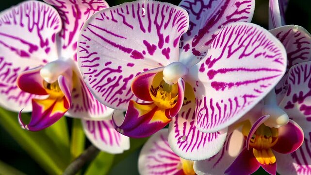 Closeup of Pink and White Phalaenopsis Orchids with Vivid Purple Stripes
